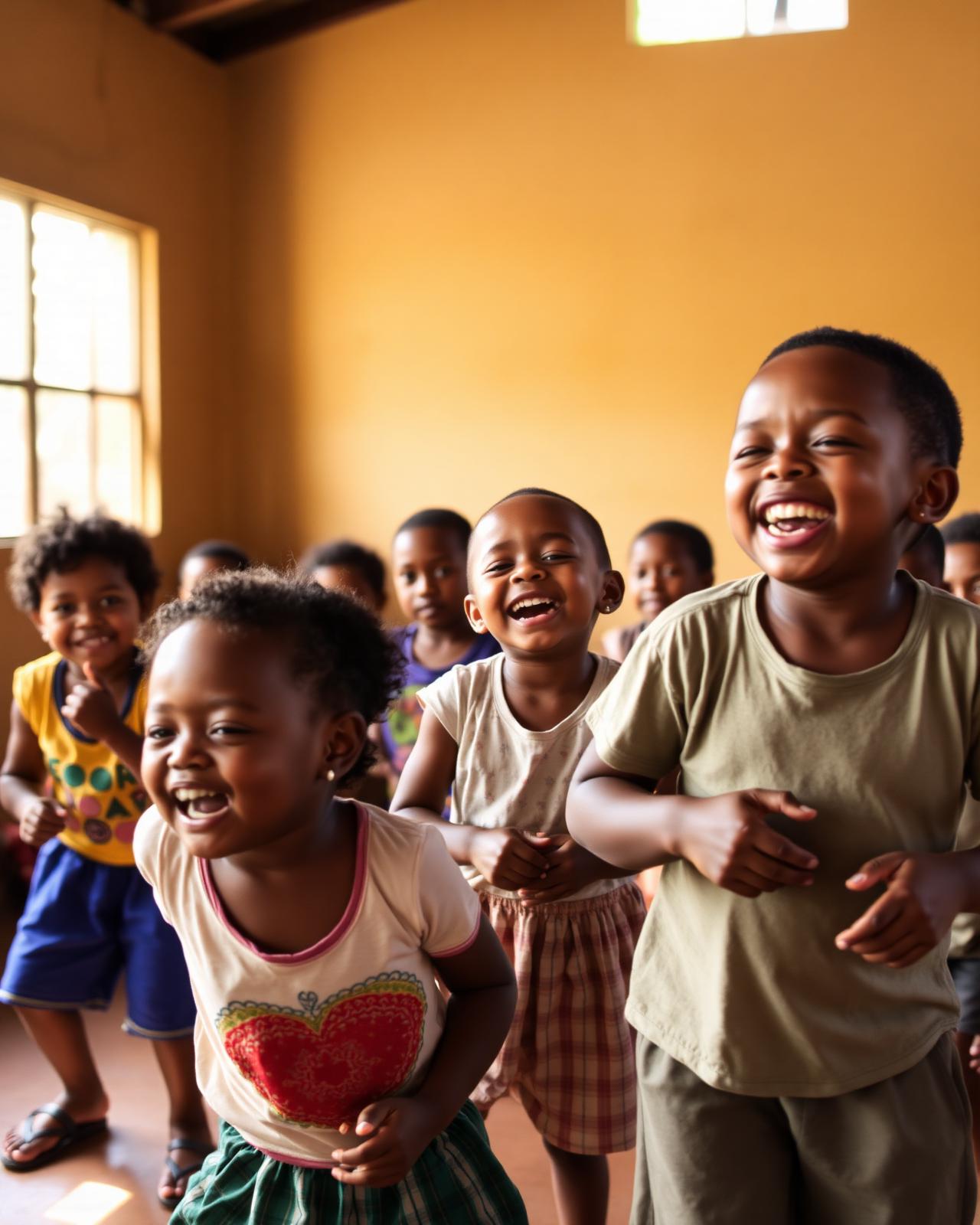 Niñas y niños riendo en un espacio comunitario