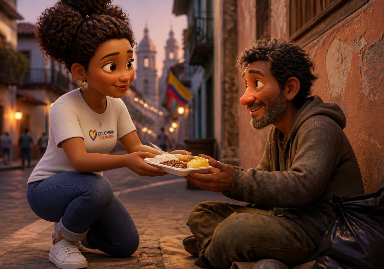 Ilustración animada de una voluntaria entregando un almuerzo a un habitante de calle