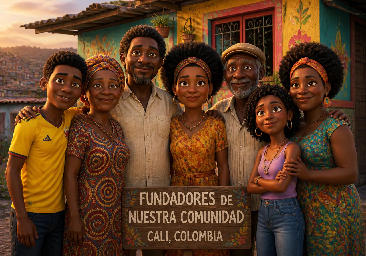 Ilustración animada de las siete personas fundadoras de FUNDA AMOR frente a una casa del barrio