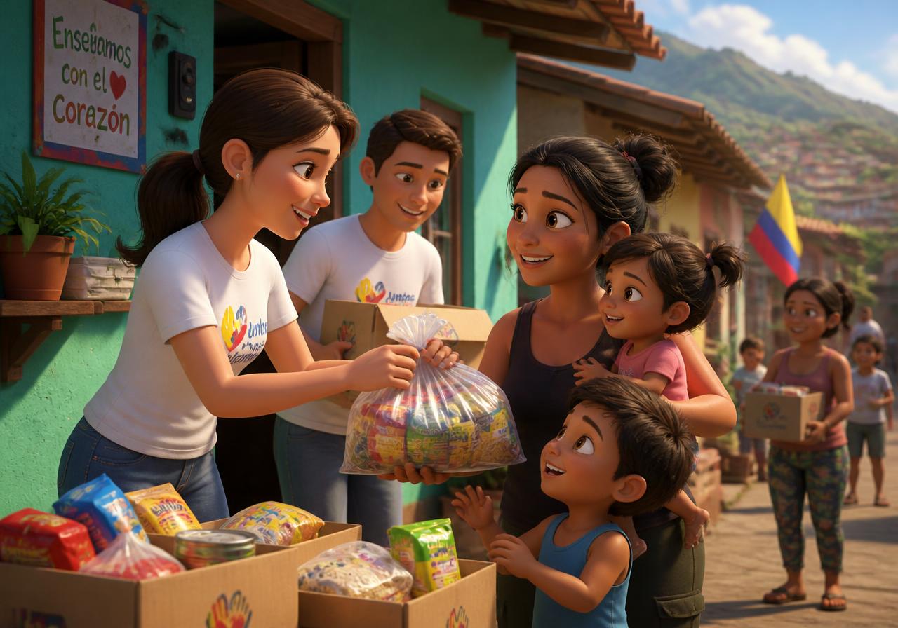 Ilustración animada de voluntarios entregando mercados a madres cabeza de hogar