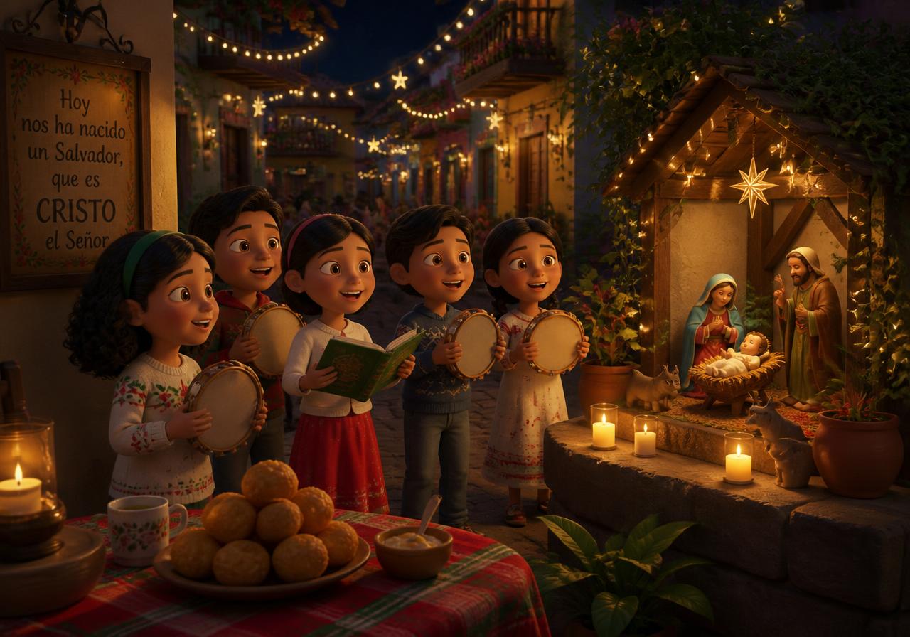 Ilustración animada de niños cantando villancicos en la novena navideña del barrio