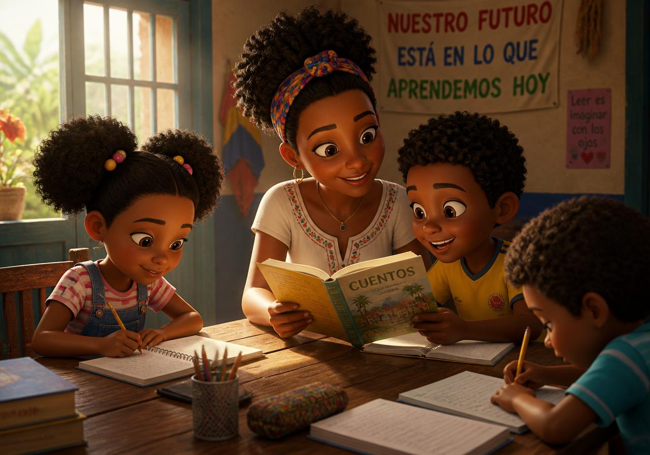 Ilustración animada de niños haciendo tareas con una maestra en un salón comunitario
