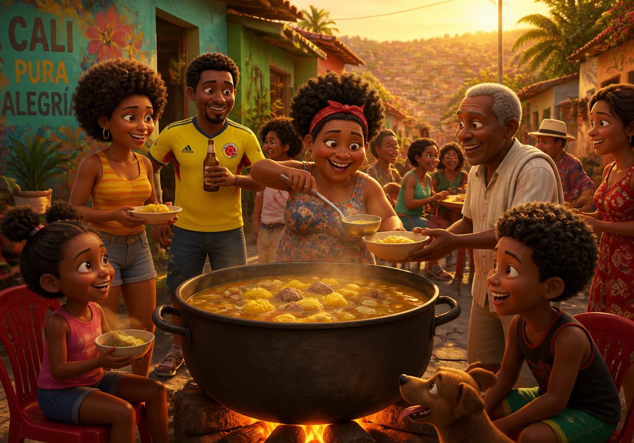 Ilustración animada de vecinos del barrio compartiendo un sancocho comunitario al atardecer